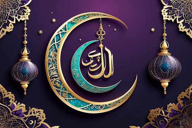 Kwiatowo ozdobiony błyszczący półksiężyc Księżyc z arabskim islamskim tekstem kaligrafii Eid Mubarak na
