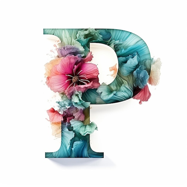 Kwiatowy alfabet P na białym tle Kolekcja czcionek piękny kwiat akwarela