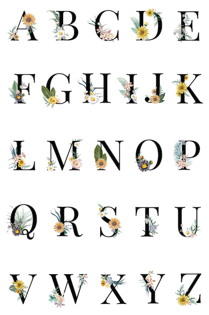 Kwiatowy alfabet png kwiatowy zestaw typograficzny