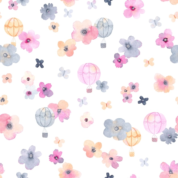 Kwiatowy bezszwowy wzór z różowymi i szarymi kwiatami na białym tle Akwarela ilustracja