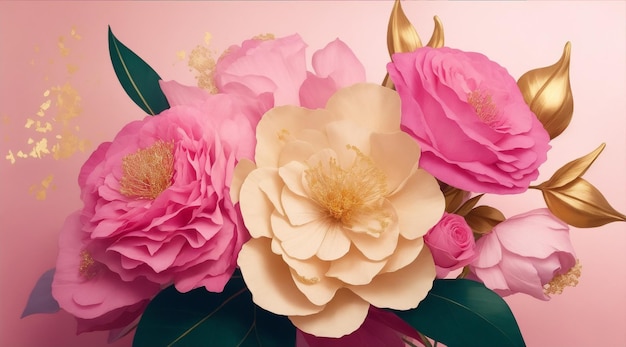 Zdjęcie kwiatowy bukiet z różowym tłem i różowym kwiatem ze złotym listkiem od generative ai