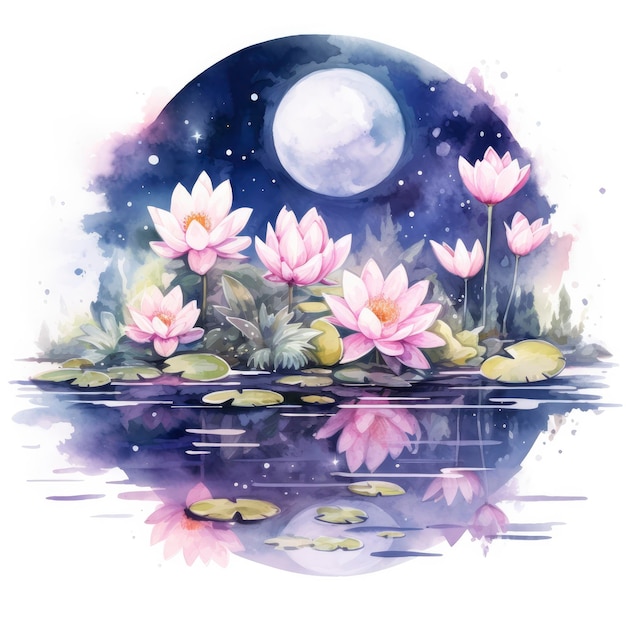 Kwiatowy księżyc i lilie wodne na białym tle