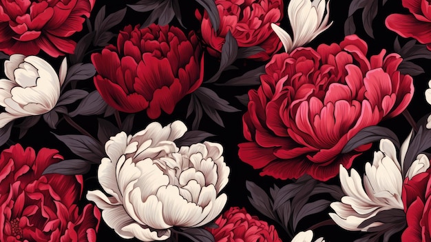 Zdjęcie kwiatowy letni bezszwowy wzór z ogrodowymi pioniami w ciemnoczerwonym białym kolorze na czarnym tle atrakcyjny wzór odpowiedni do tkanin, tekstyliów, papieru, tapety, bezszwowego wzoru, bezszwowej tapety