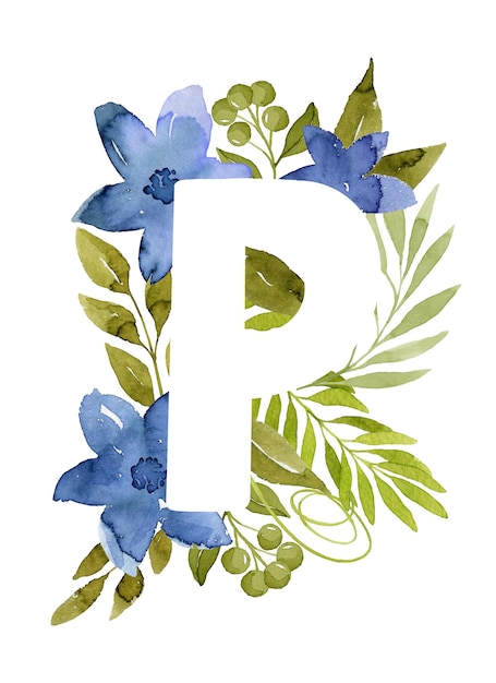 Kwiatowy litera P monogram niebieski akwarela kwiaty zielone liście i jagody kwiatowy napis