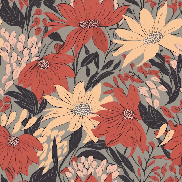 Kwiatowy nadruk z kwiatami botanicznymi jako bezszwowy wzór do projektowania tekstyliów lub generowania tła AI