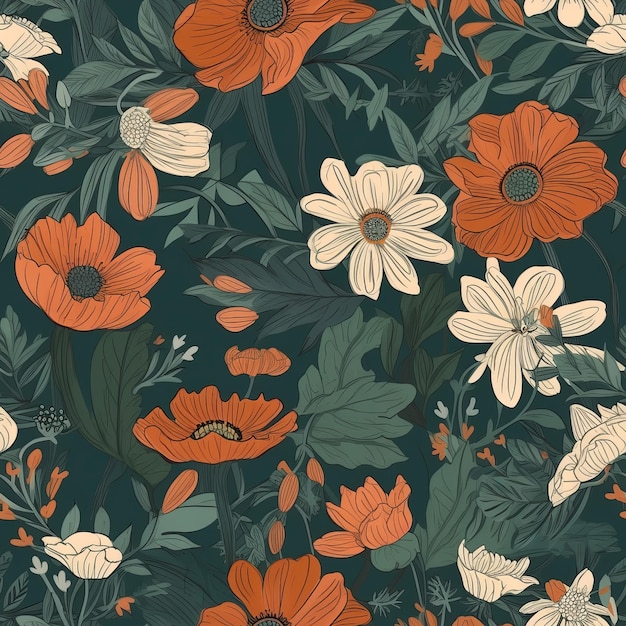 Kwiatowy nadruk z kwiatami botanicznymi jako bezszwowy wzór do projektowania tekstyliów lub generowania tła AI