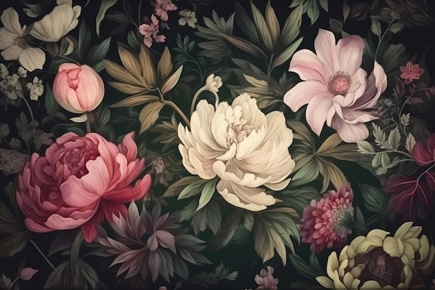 Kwiatowy obraz z czarnym tłem i różowym kwiatem.
