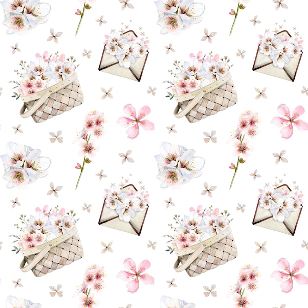 Zdjęcie kwiatowy romantyczny bezszwowy wzór z migdałowymi kwiatami wiśni sakura brzoskwinia kwitnąca na białym