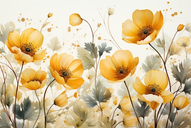 kwiatowy tło z żółtymi kwiatami i liśćmi w stylu jasnopomarańczowego i jasnego szmaragdu