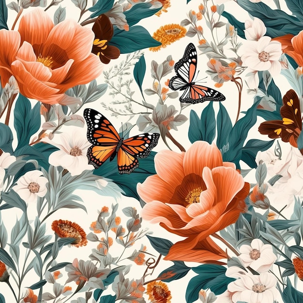 Kwiatowy wzór z motylem na białym tle