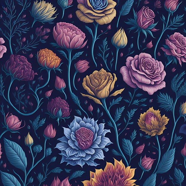 Kwiatowy wzór z niebieskim tłem i fioletowym kwiatem.