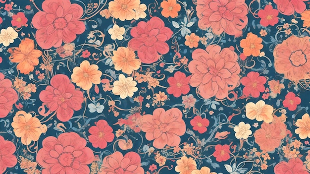 kwiatowy wzór z różowymi i pomarańczowymi kwiatami na niebieskim tle