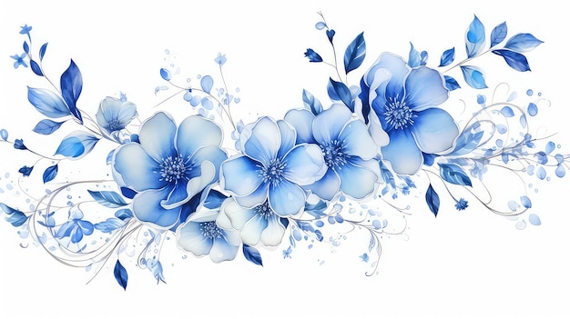 Kwiaty, akwarele, niebieskie ozdoby dla wzoru zaproszenia na ślub