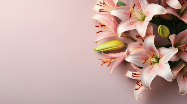 Zdjęcie kwiaty białe pastelowe lilie kompozycja na różowym proszkowym tle kopiować szablon przestrzeni