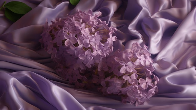 Kwiaty bzu ułożone na łóżku z fioletowej satynowej tkaniny Generative ai