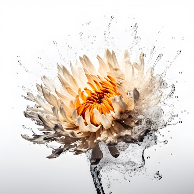 Zdjęcie kwiaty chryzantemów rozpryskujące się wodą w powietrzu