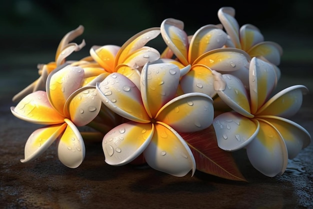 Kwiaty Frangipani lub Plumeria z liśćmi na szarym tle generatywne ai renderowania 3D