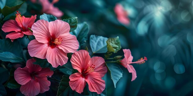 Kwiaty hibiskusa magenta kwitnące na bujne zielone krzewy w letnim ogrodzie Koncepcja Ogrodnictwo Kwiaty Hibiskusa Ogród letni Kwiaty Piękno Magenta Kwiaty