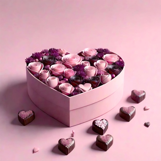 Zdjęcie kwiaty i czekolady w pudełku w kształcie serca 3d wizualizacja aranżacji kwiatów na walentynki