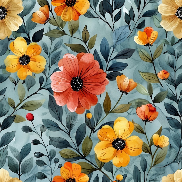 Kwiaty i liście akwarelowe są ręcznie malowane na turkusowym tle