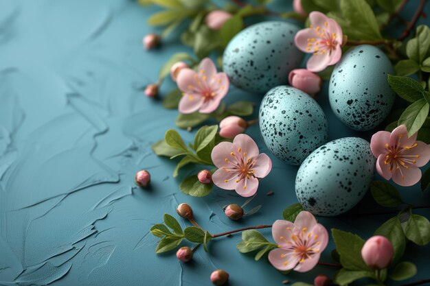 Kwiaty i liście jajek wielkanocnych na niebieskim tle