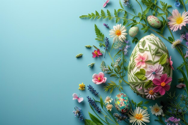 Kwiaty i liście jajek wielkanocnych na niebieskim tle