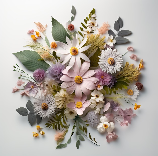 Kwiaty i liście o różnych kolorach na białym tle tło botanicznej dekoracji kwiatowej