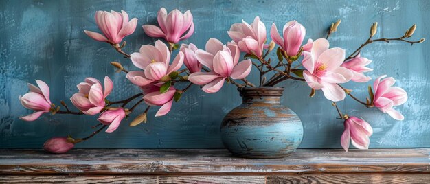 Kwiaty i ramka do zdjęć na szorstkich drewnianych deskach w stylu wiejskim z białymi i różowymi magnolijami