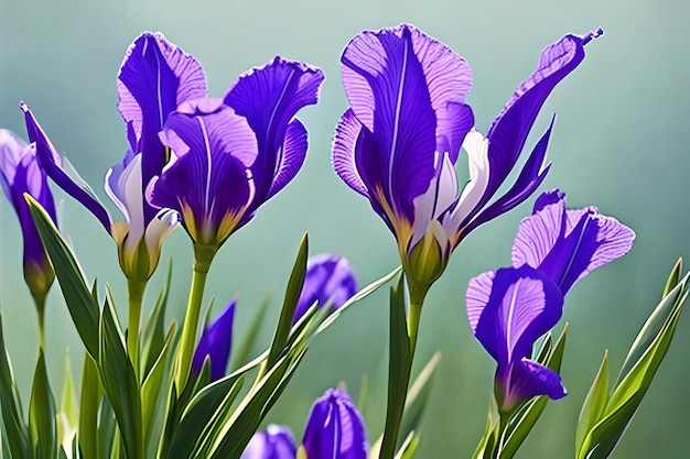 Kwiaty Iris z eleganckimi niebieskimi i fioletowymi płatkami elegancko wznoszą się nad szczupłymi zielonymi łodygami