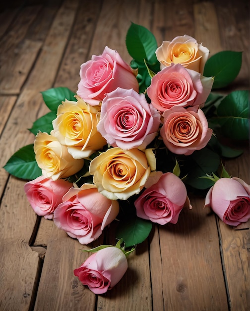 Zdjęcie kwiaty, karty, róże na drewnianym tle