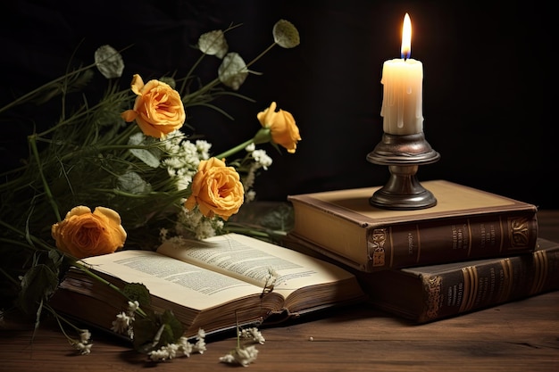 Kwiaty książkowe ze świecami na ciemnym drewnie