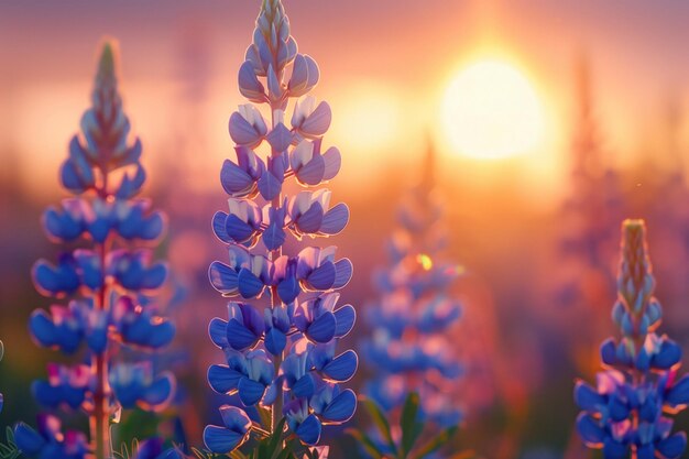 Kwiaty lupiny kwitnące na polu o zachodzie słońca Piękne kwiatowe tło