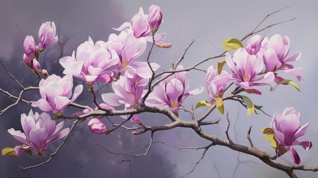 Kwiaty magnolii na gałęzi Malarstwo farbami kwiatowymi