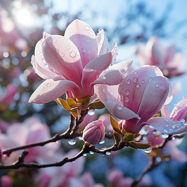 Zdjęcie kwiaty magnolii na gałęziach poranna rosy krople wody w ogrodzie