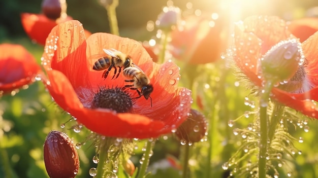 Kwiaty maku z poranną rosą krople wody na dzikiej polnej pszczoły i motyla