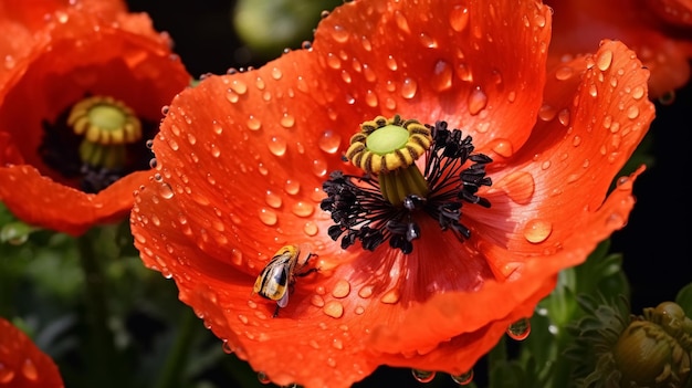 Kwiaty maku z poranną rosą krople wody na dzikiej polnej pszczoły i motyla