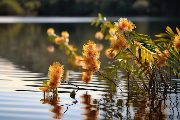 Kwiaty mimozy pływające po nieruchomym jeziorze