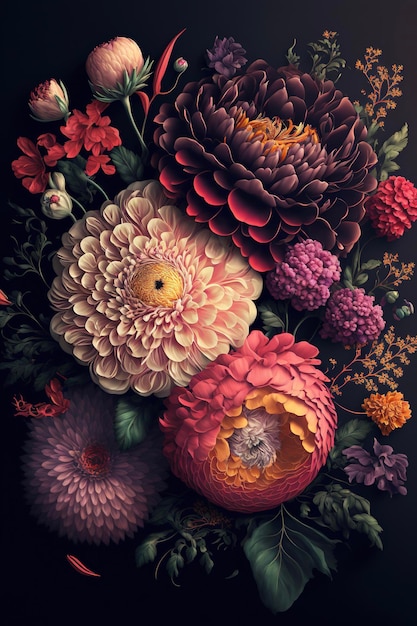 Kwiaty na ciemnym tle Botaniczna luksusowa kwiecista tapeta