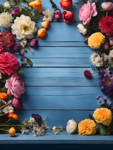Kwiaty ogrodowe na niebieskim tle drewnianego stołu