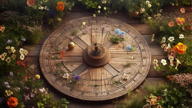 Kwiaty ogrodowe nad zegarem słonecznym drewniany tło stołu Generatywna sztuczna inteligencja