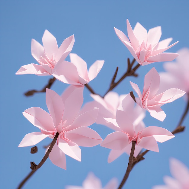 Kwiaty origami sakura, papierowe kwiaty sakura na drzewie w różowych odcieniach