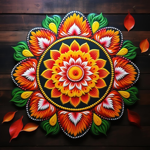 Kwiaty rangoli na Diwali lub Pongal wykonane z kwiatów marigold lub zendu Ai Generated