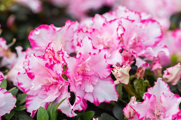 Kwiaty rododendronów w ogrodzie w wiosenny dzień
