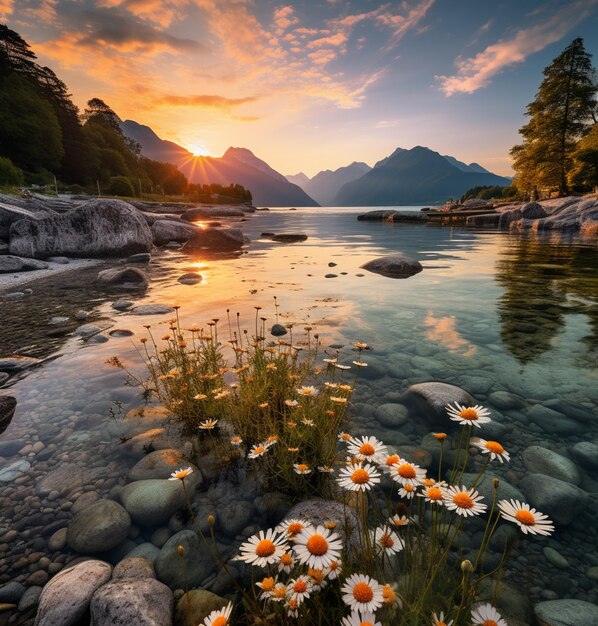 Zdjęcie kwiaty rosną na skałach w wodzie o zachodzie słońca generatywnej ai