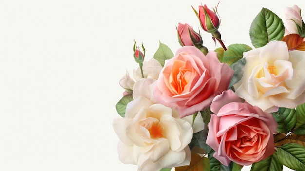 Kwiaty róży na białym tle, widok z góry, z technologią generatywnej AI