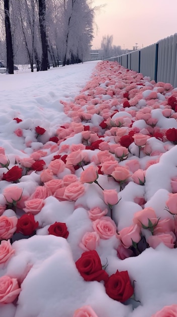 kwiaty są pokryte śniegiem na chodniku obok płotu generatywnego AI