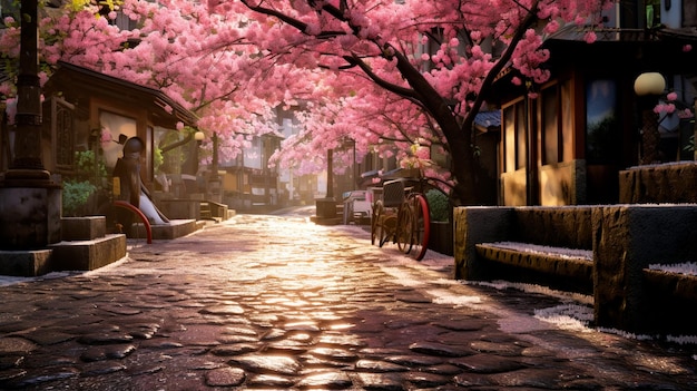 Kwiaty sakury na miejskiej drodze wypełnione jasnym różowym kolorem na wszystkim