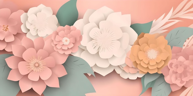 Kwiaty sztandar płaskiej ilustracji układ botaniczny uroczysty kwiatowy tło z miejsca na kopię pastelowe kolory Szczęśliwe matki walentynki kobiet koncepcja wakacje Ai generowane
