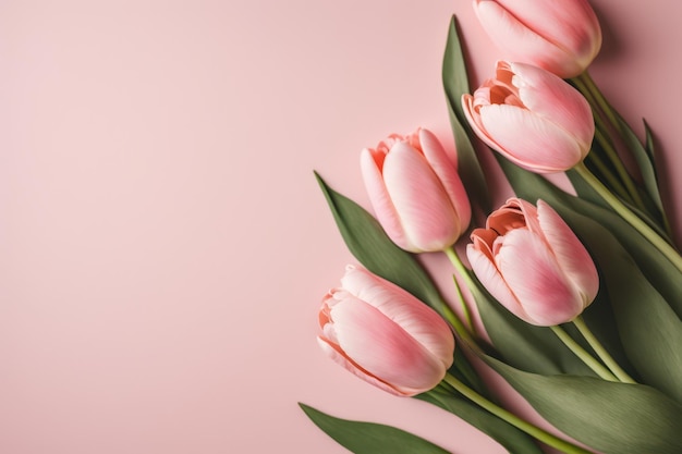 Kwiaty tulipanów na dzień kobiet na płaskiej powierzchni z miejsca na tekst.