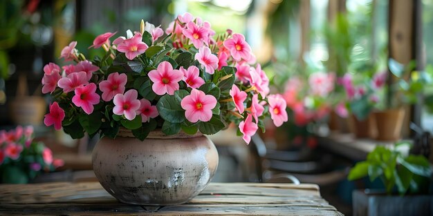 Kwiaty w doniczkach na stole wzbogacają dekorację pięknością i świeżością Koncepcja Dekoracja stołu Kwiaty na doniczkach Domowe upiększenie Arrangementy kwiatowe inspirowane naturą Wnętrza